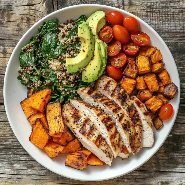 A colorful bowl filled with grilled chicken slices, quinoa, sautéed spinach, cherry tomatoes, avocado slices, and roasted sweet potatoes.