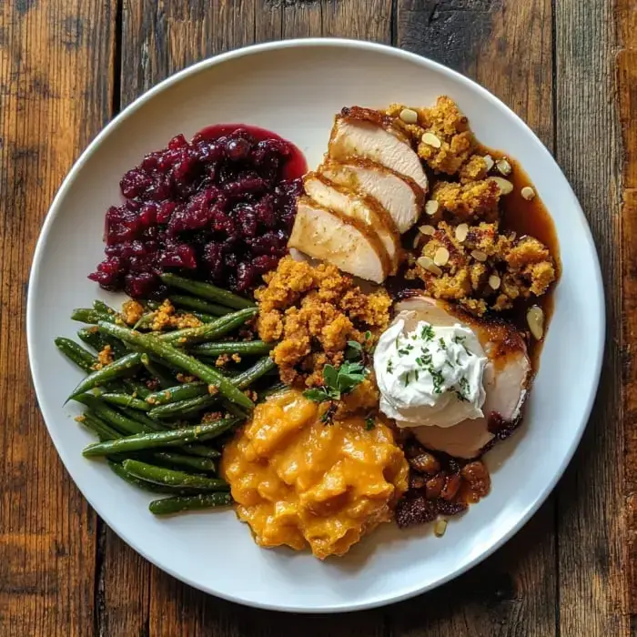 A white plate is filled with sliced turkey, stuffing, cranberry sauce, green beans, mashed sweet potatoes, and a dollop of whipped cream, all arranged appealingly.