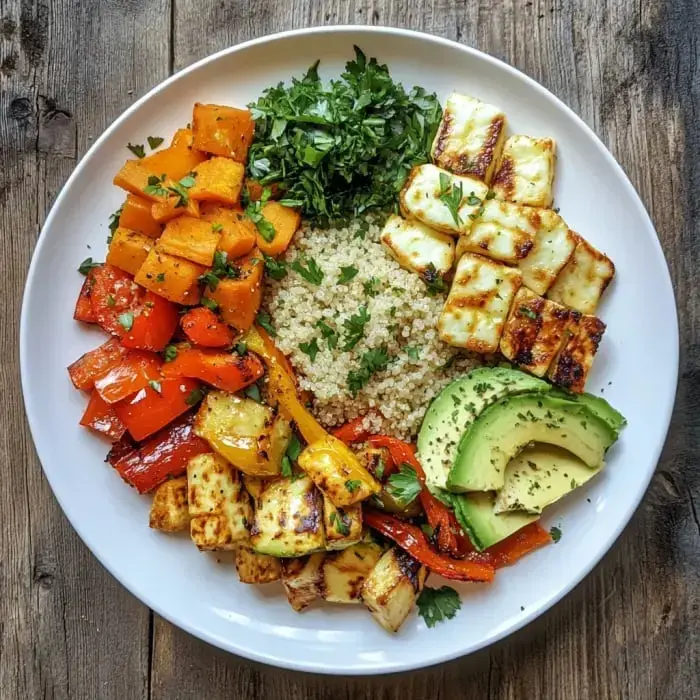 A vibrant plate featuring quinoa, grilled vegetables, halloumi cheese, fresh cilantro, and avocado slices.