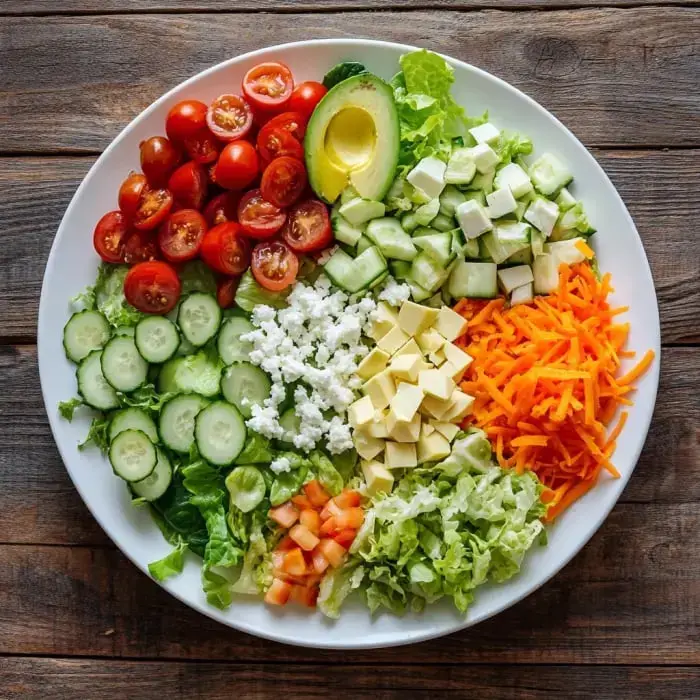 A colorful salad platter featuring cherry tomatoes, avocado, cucumbers, lettuce, cheese, carrots, and diced tomatoes arranged in distinct sections on a white plate.