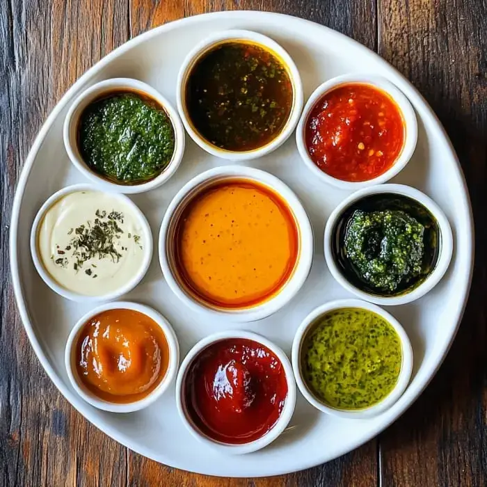 A circular plate holds nine small bowls filled with different colorful sauces and condiments.