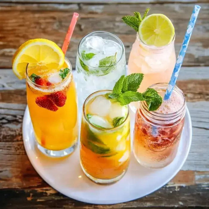 A colorful assortment of six refreshing drinks garnished with fruits and herbs, displayed on a white plate against a wooden background.