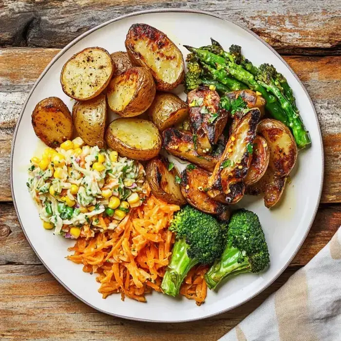 A plate of roasted potatoes, grilled chicken, sautéed asparagus, broccoli florets, a corn salad, and shredded carrots, arranged neatly.