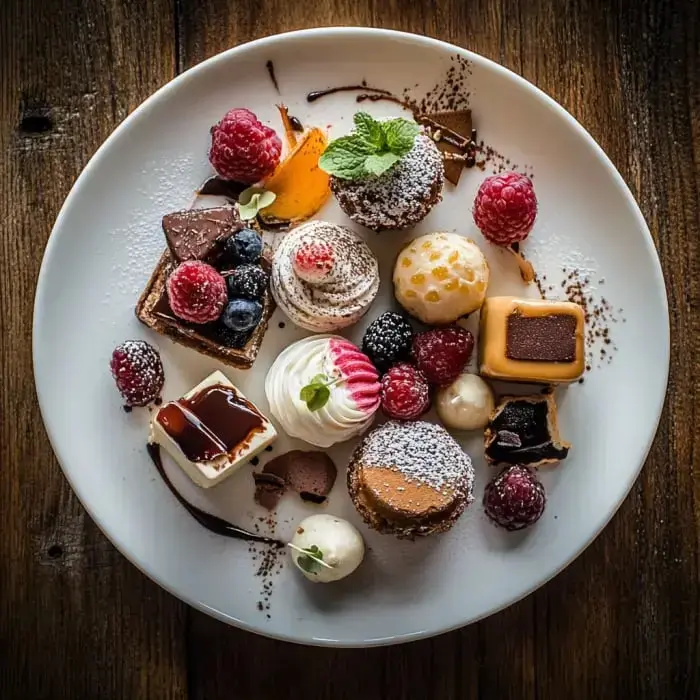 A variety of colorful desserts, including pastries, fruits, and chocolate, arranged artistically on a white plate.