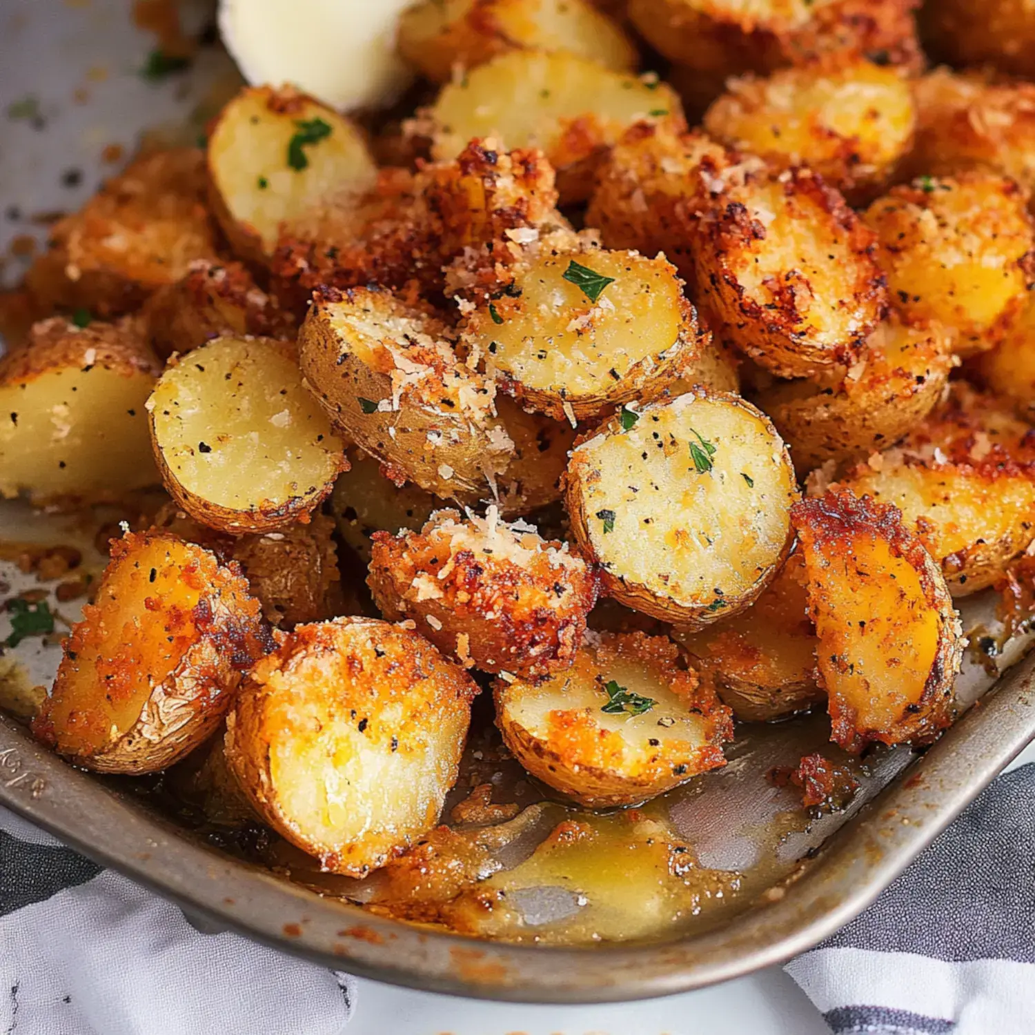 A close-up view of golden-brown roasted potatoes, garnished with herbs and sprinkled with cheese, served in a dish.