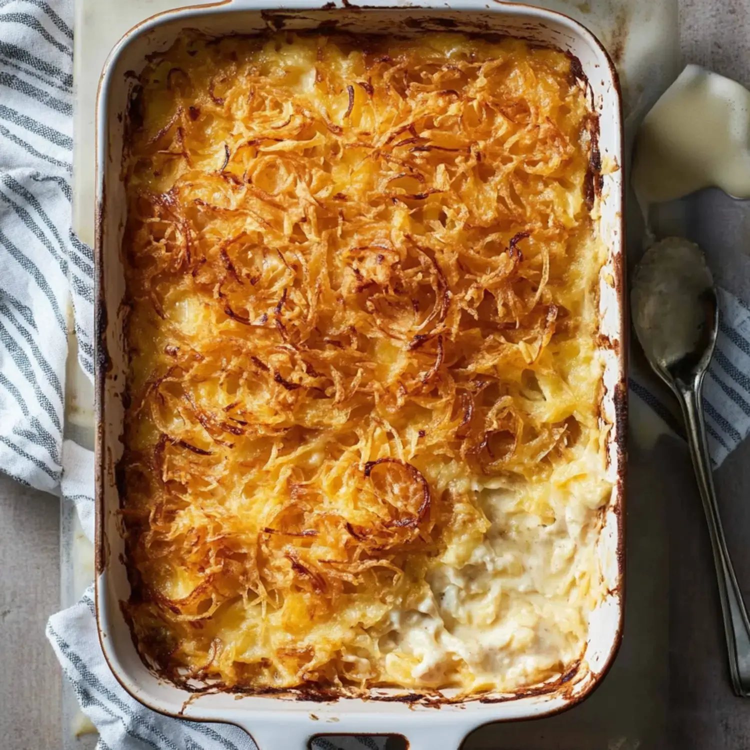 A baked casserole topped with golden, crispy fried onions in a white dish, accompanied by a striped cloth and a silver spoon.