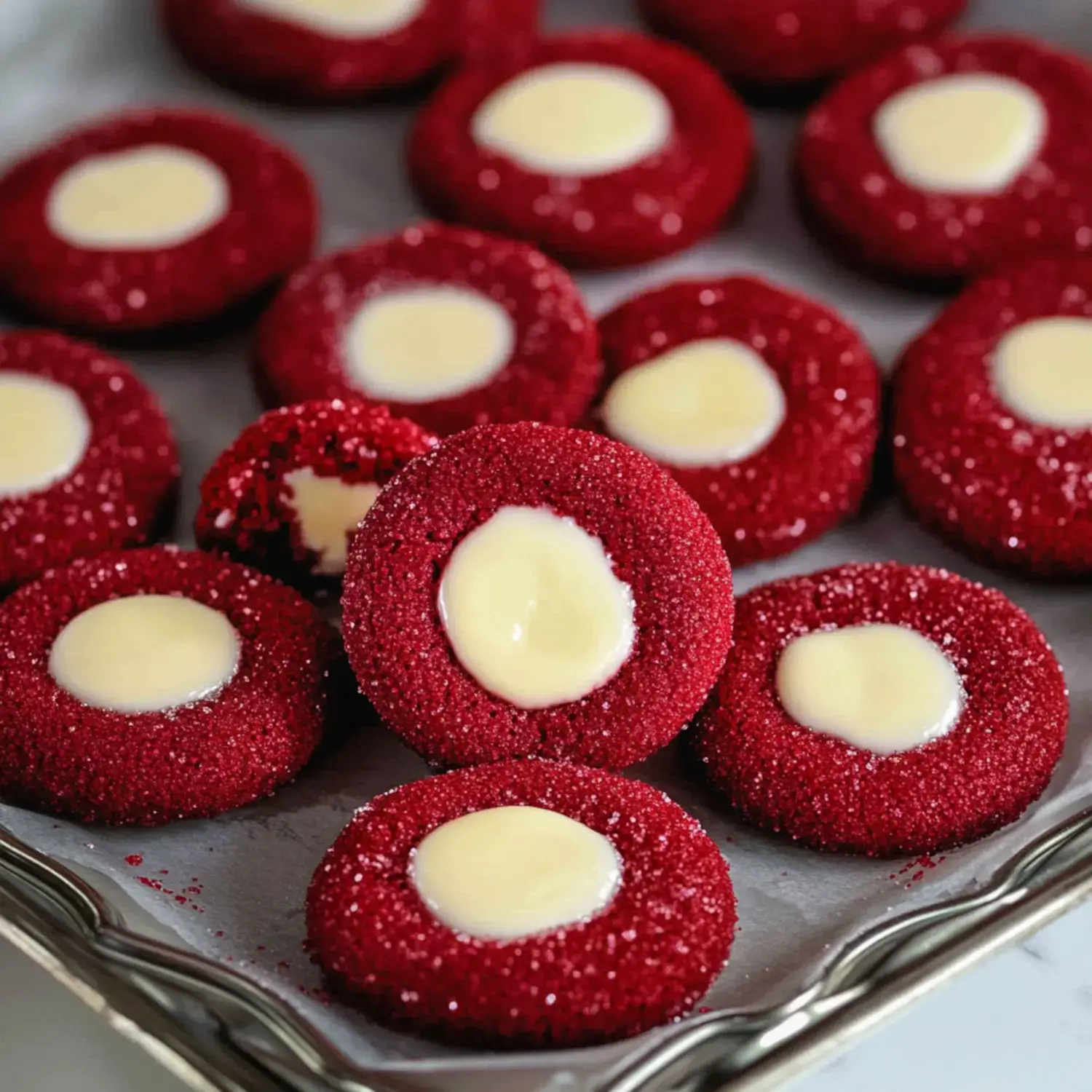 A tray of red glitter cookies with creamy white centers, some cookies appear partially eaten.