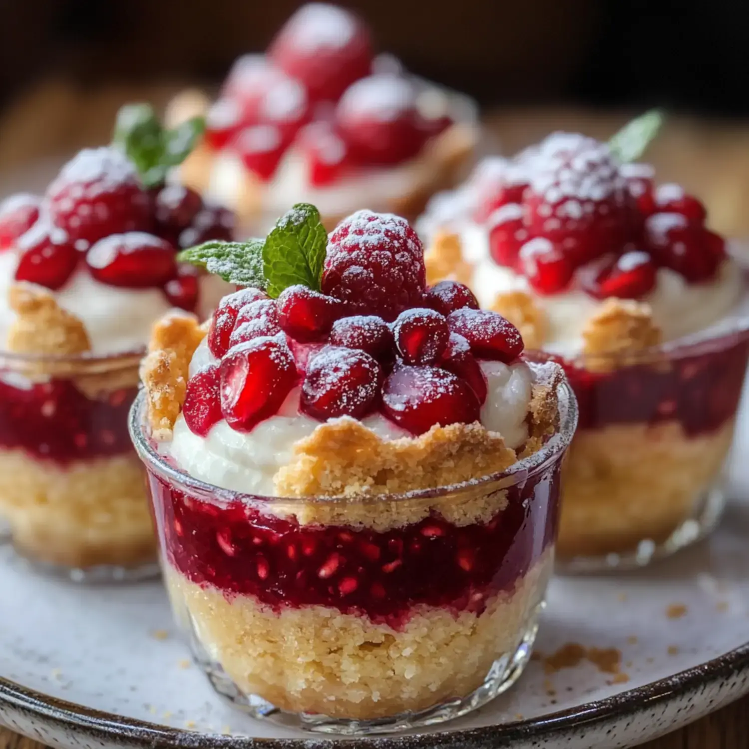 Four glass dessert cups filled with layers of cream, raspberry jelly, cake crumbles, and topped with pomegranate seeds and mint leaves, dusted with powdered sugar.