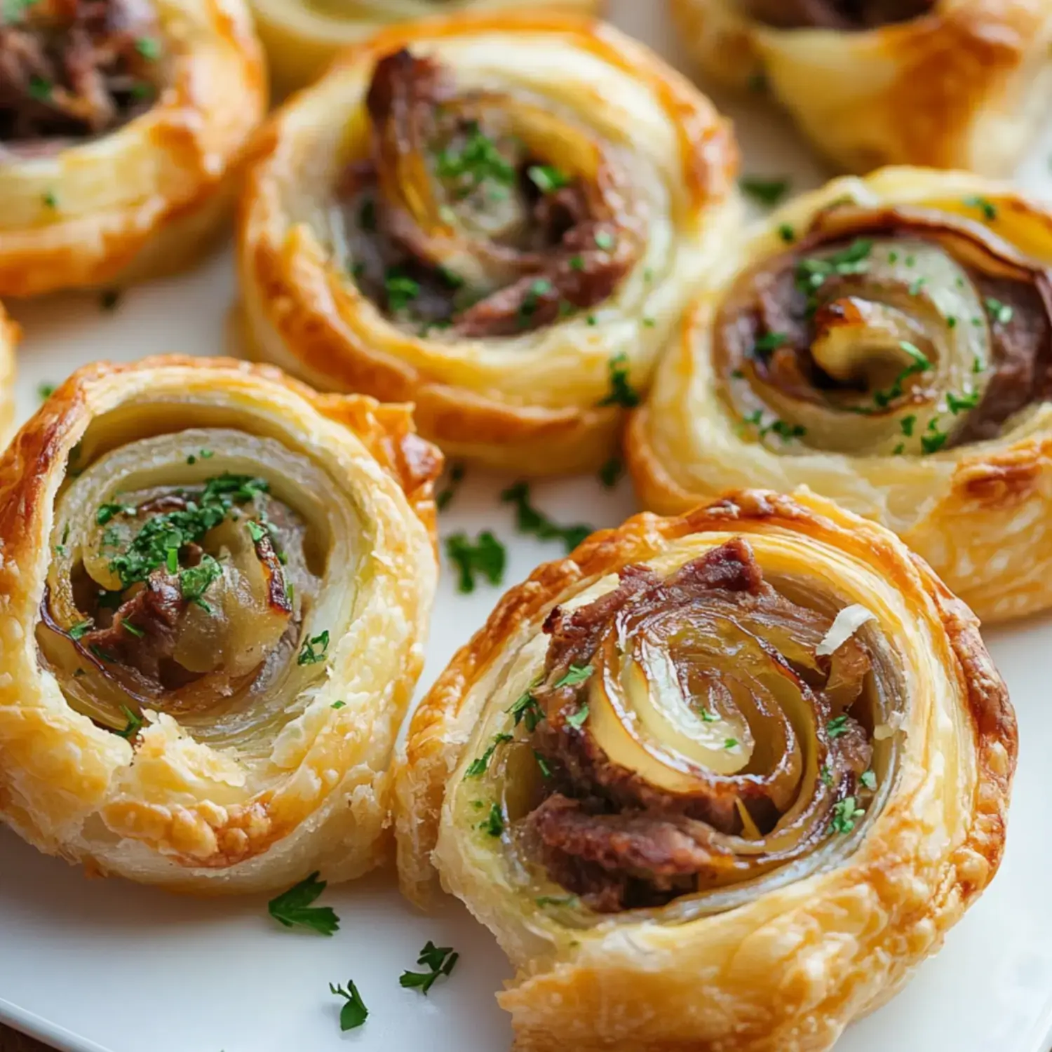 A plate of savory spiral puff pastries filled with meat and onions, garnished with parsley.