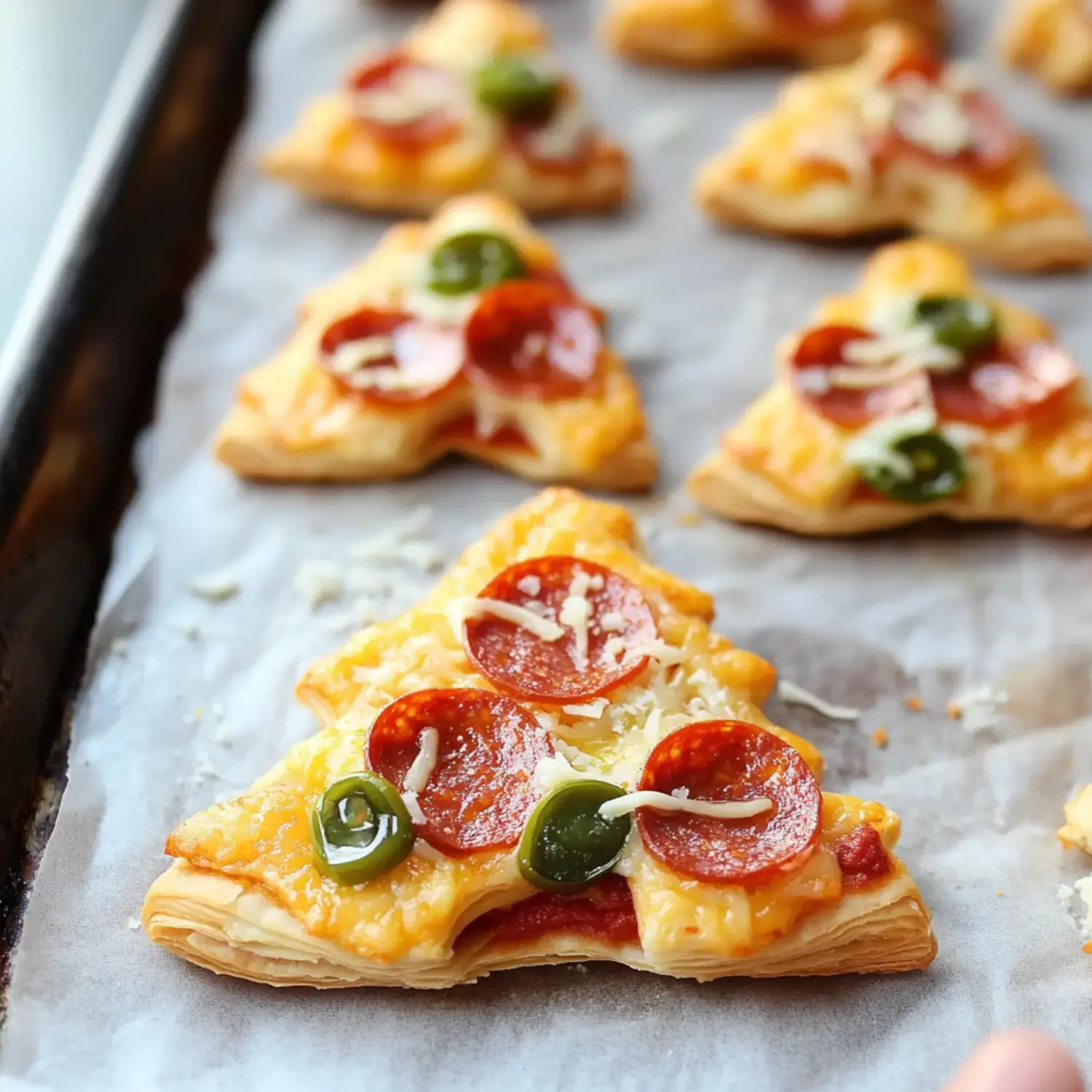 A tray of triangular, pizza-themed snacks topped with pepperoni, green peppers, and melted cheese.