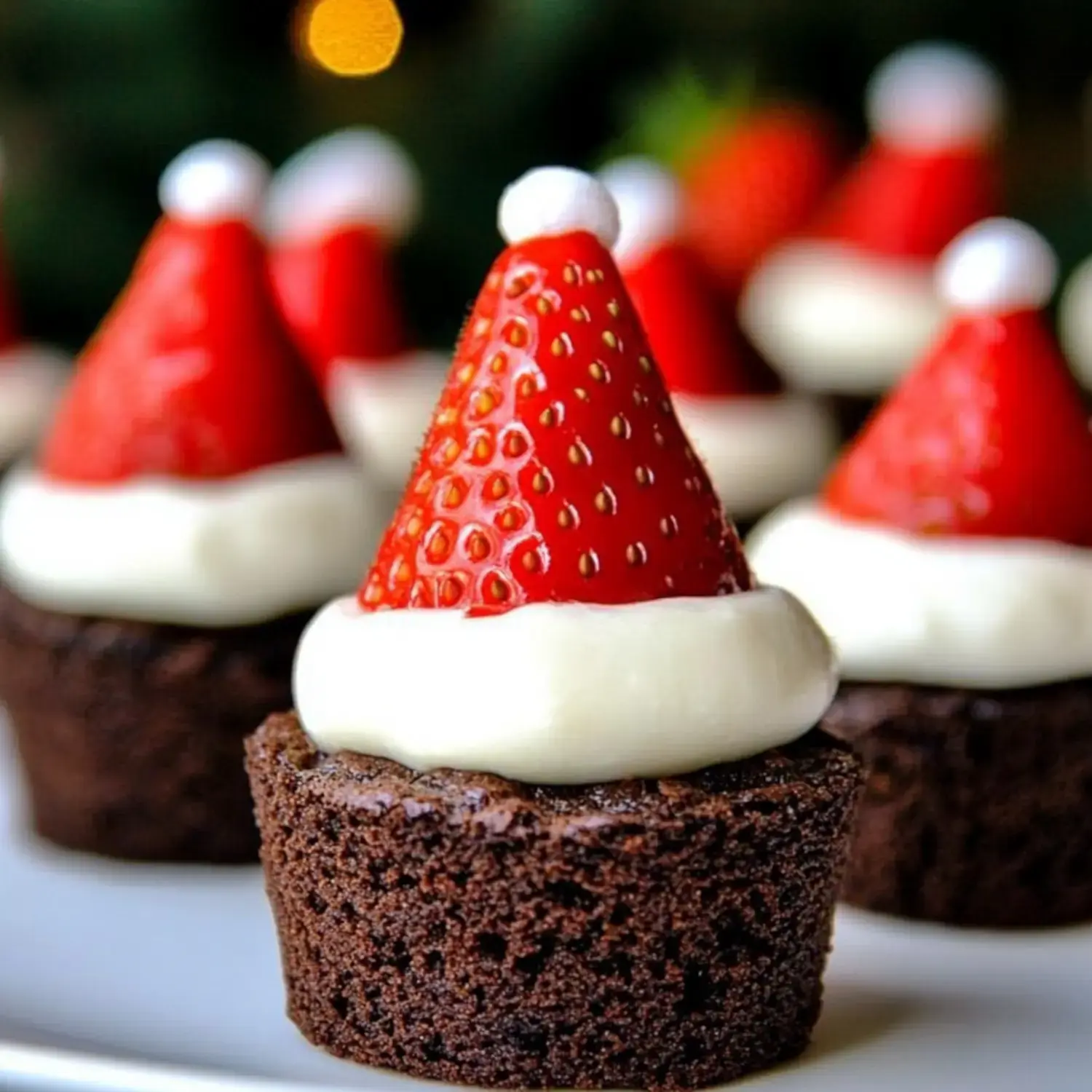 A close-up of chocolate cupcakes topped with a white cream and a strawberry decorated to resemble Santa hats.