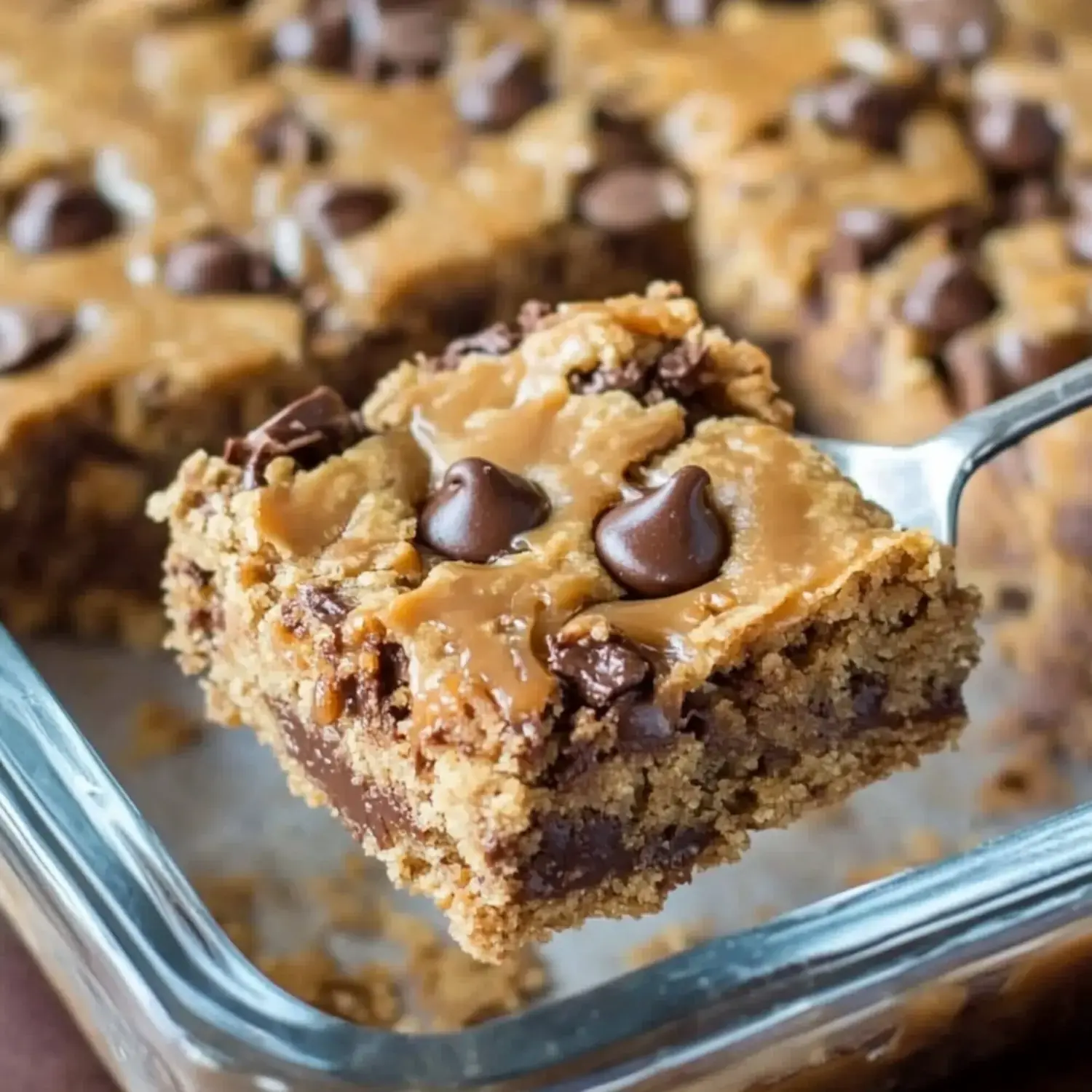 A close-up of a chocolate chip and peanut butter dessert bar being lifted from a glass dish.