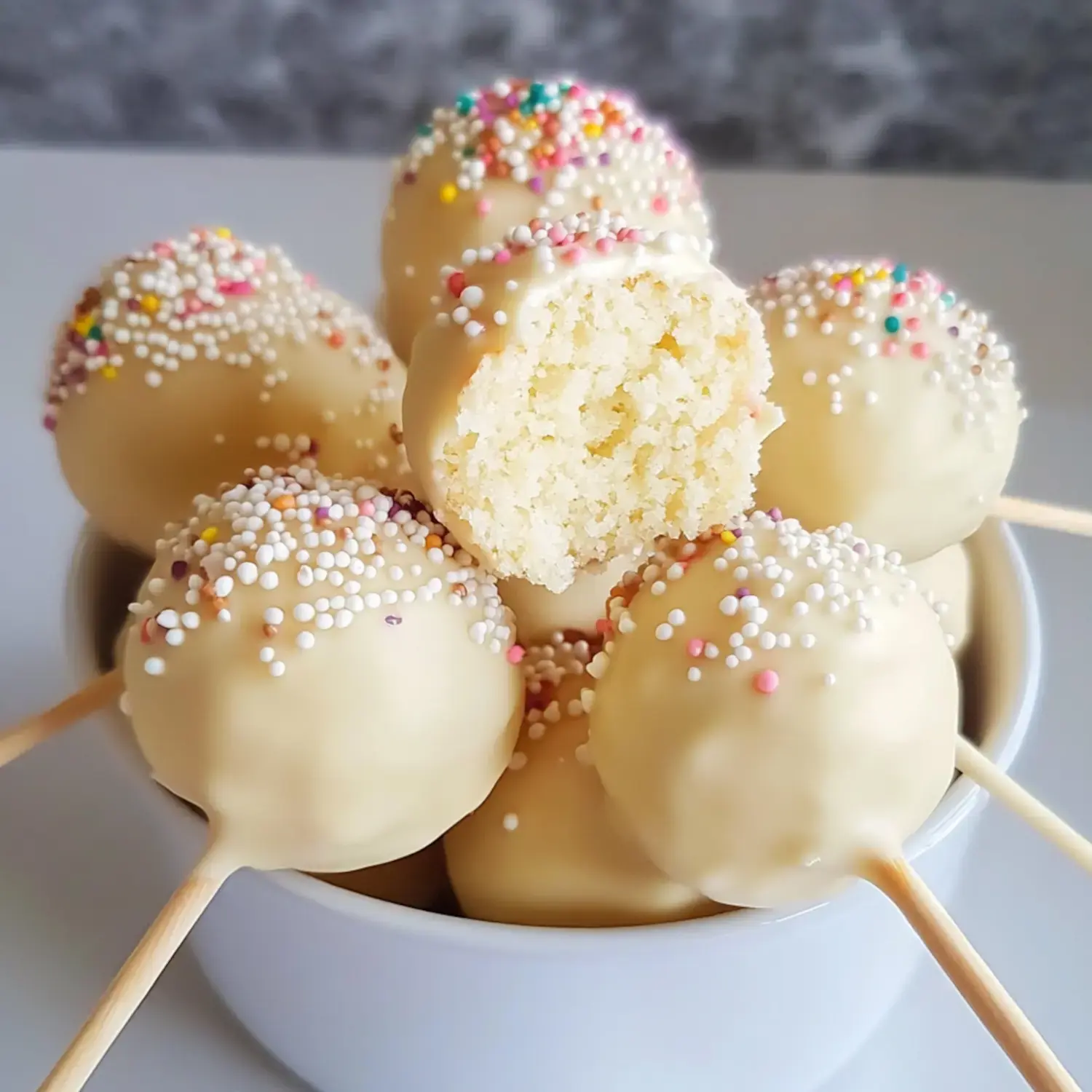 A bowl of white chocolate-covered cake pops decorated with colorful sprinkles, with one cake pop revealing a bite taken out of it.