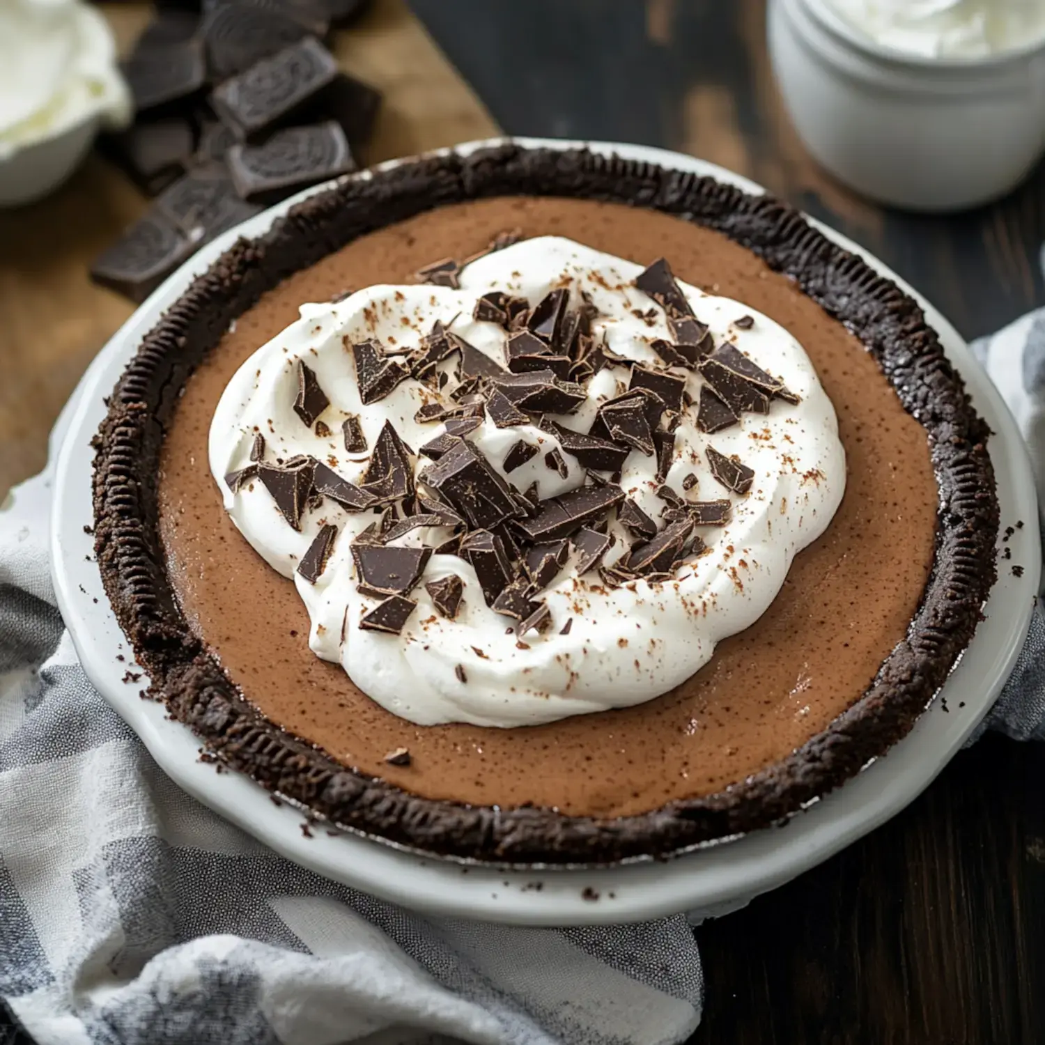 A chocolate cream pie topped with whipped cream and chocolate shavings on a white plate, placed on a wooden surface.