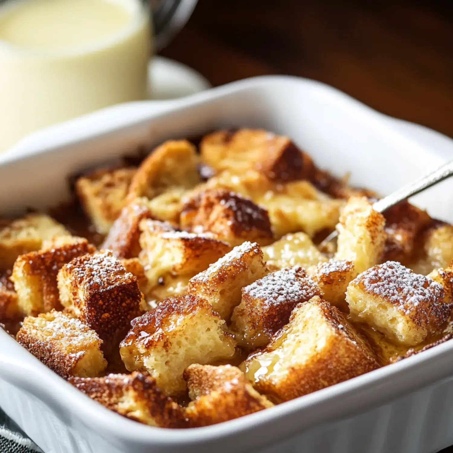 A dish of baked French toast cubes topped with powdered sugar, served with a side of cream.