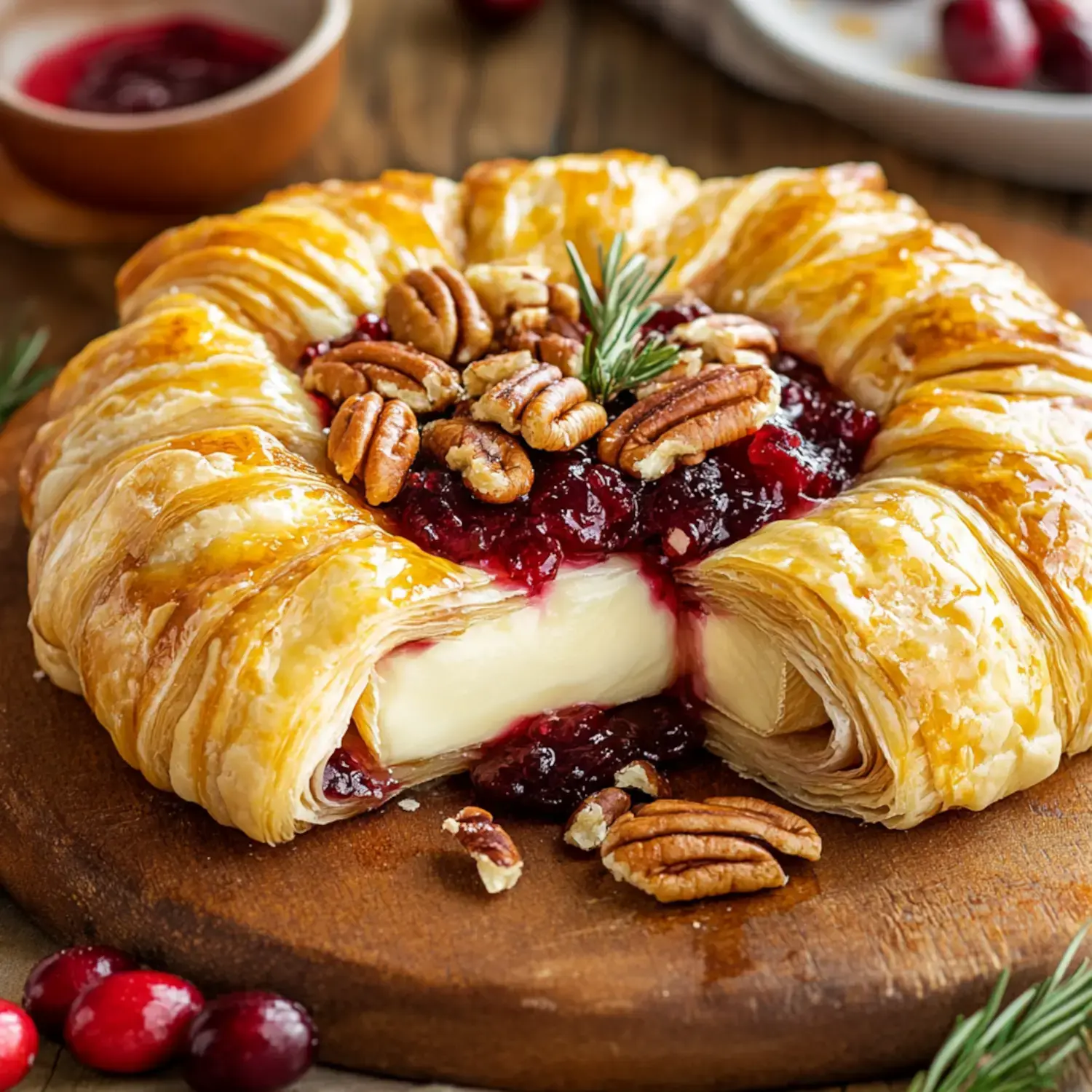 A baked brie cheese surrounded by flaky pastry, topped with cranberry sauce, pecans, and a sprig of rosemary, displayed on a wooden board.