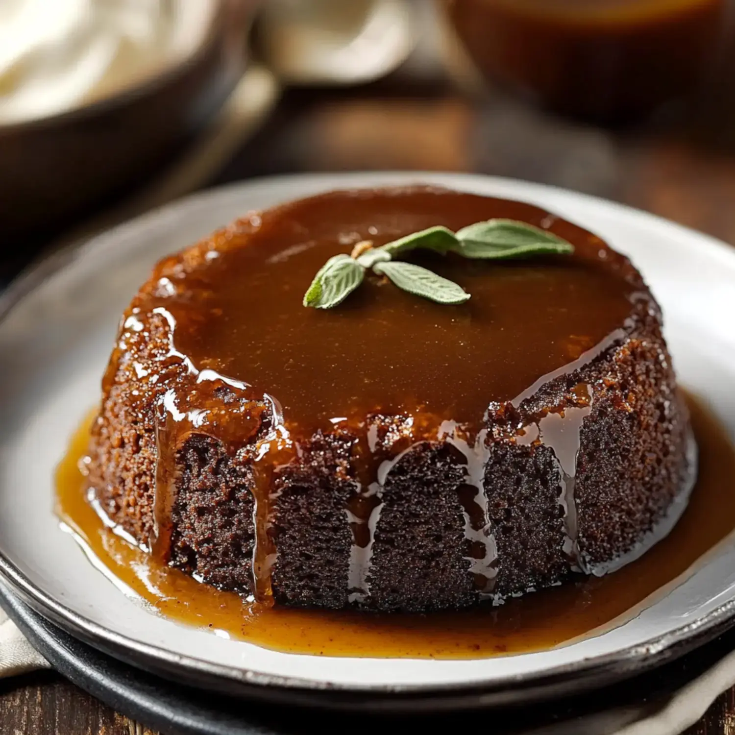 A rich chocolate cake with a glossy caramel glaze and a sprig of green is served on a white plate.