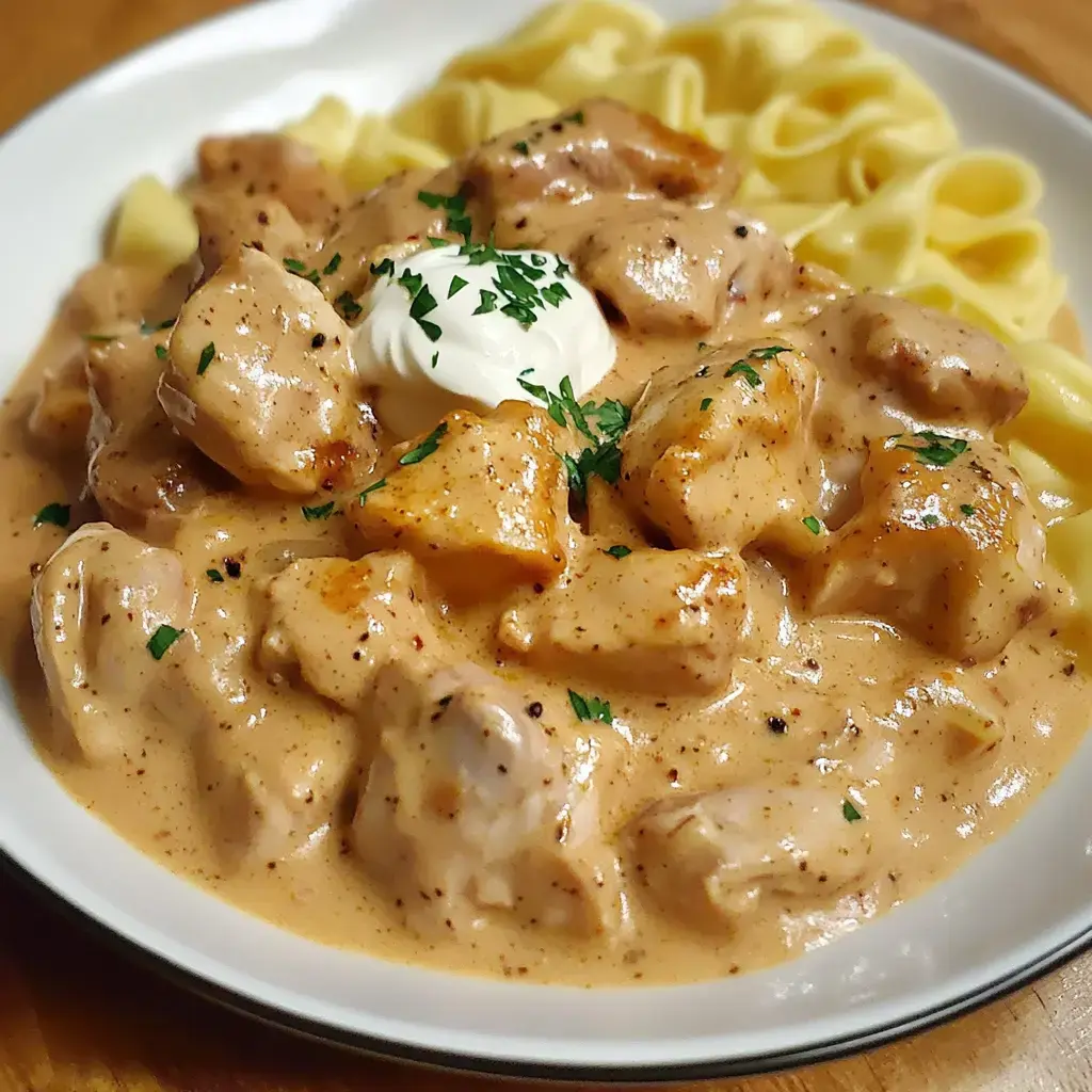 A plate of creamy chicken in a paprika sauce is served alongside egg noodles, topped with a dollop of sour cream and garnished with parsley.