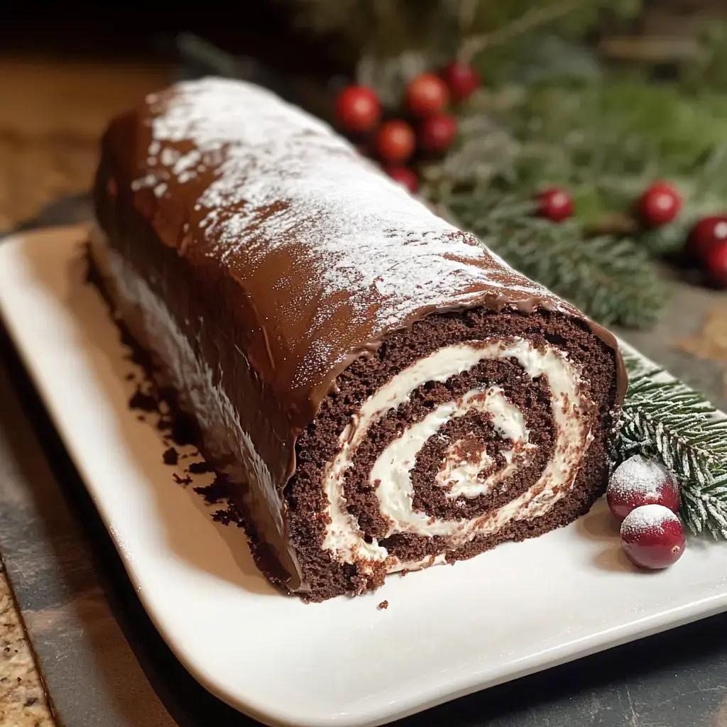 A chocolate yule log cake dusted with powdered sugar sits on a white platter, surrounded by pine branches and red berries.