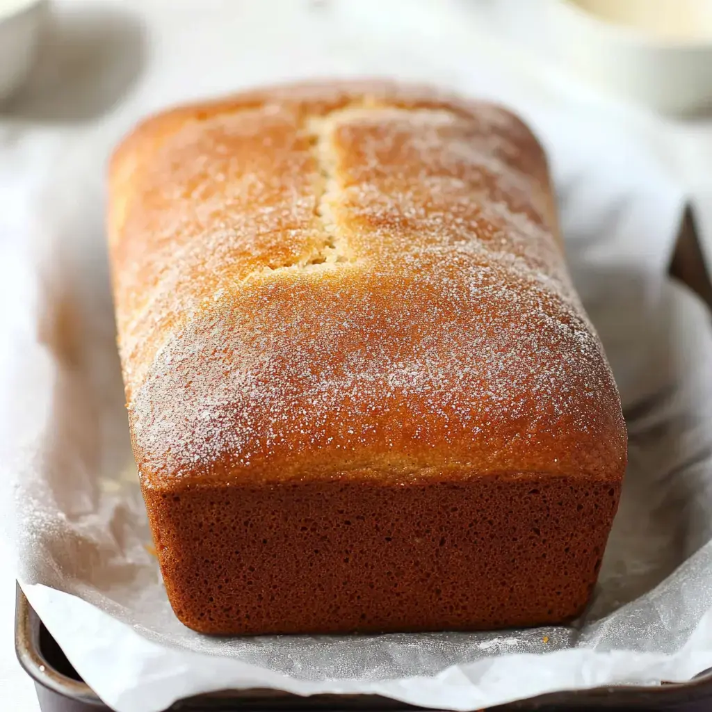 A freshly baked loaf of textured cake dusted with powdered sugar, sitting on parchment paper in a baking pan.