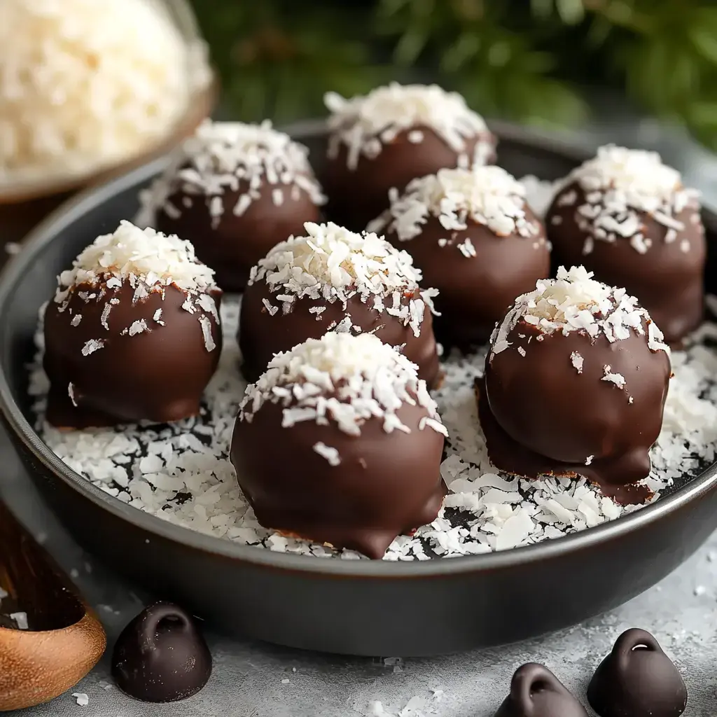 A plate of chocolate-covered coconut truffles topped with shredded coconut is displayed on a gray surface.