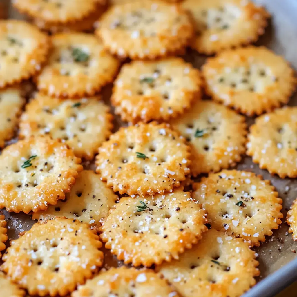 A close-up view of golden-brown, seasoned crackers arranged on a baking tray.