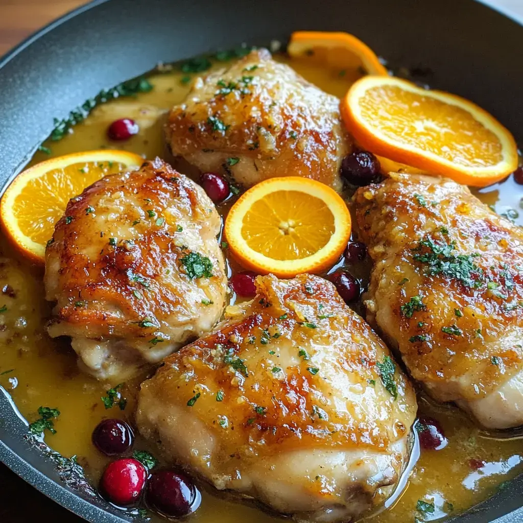 A close-up of roasted chicken thighs garnished with orange slices and cranberries in a savory sauce, served in a skillet.