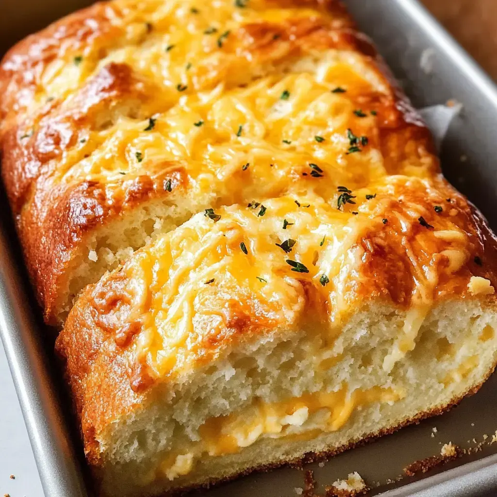 A freshly baked loaf of bread with a golden, cheesy crust, displaying a soft, fluffy interior and bits of herbs on top.