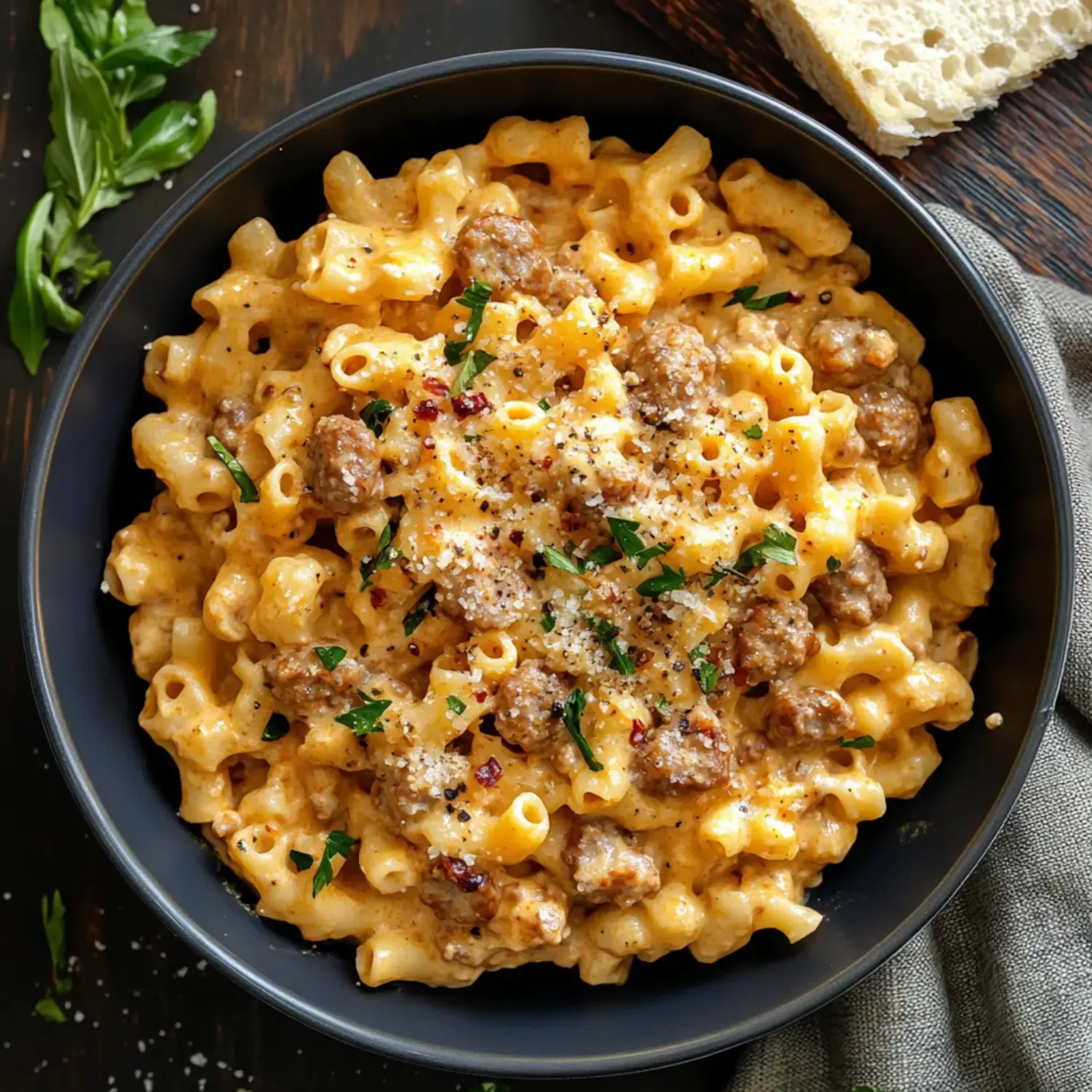 A black bowl filled with creamy macaroni and cheese topped with ground sausage, parsley, and spices, accompanied by a slice of bread.