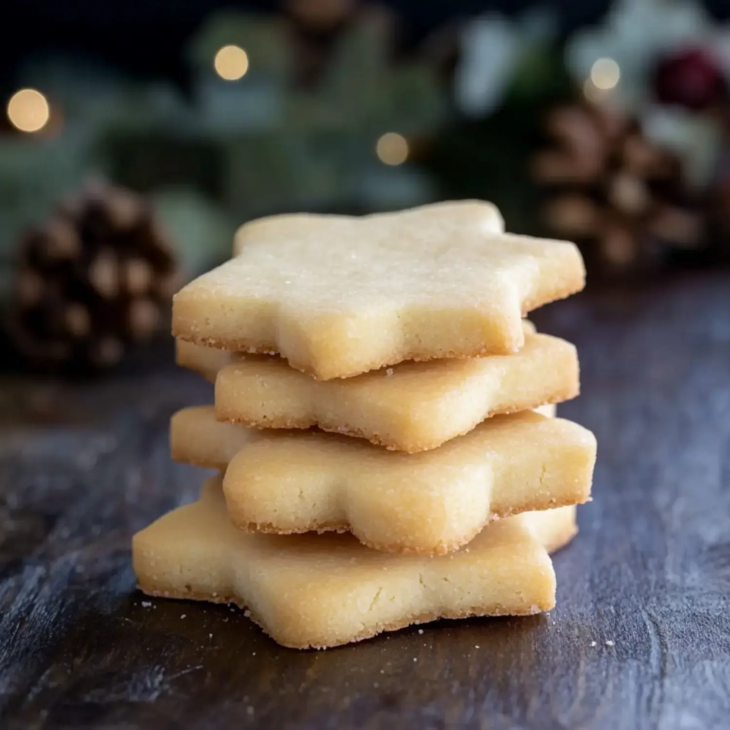 A stack of four star-shaped cookies is arranged on a wooden surface, with blurred pinecones and festive greenery in the background.