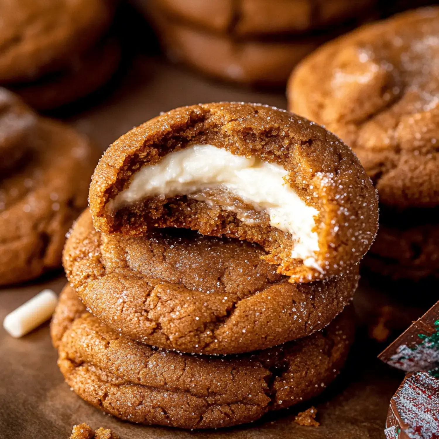 A stack of baked ginger cookies with a creamy filling partially bitten into, surrounded by more cookies.