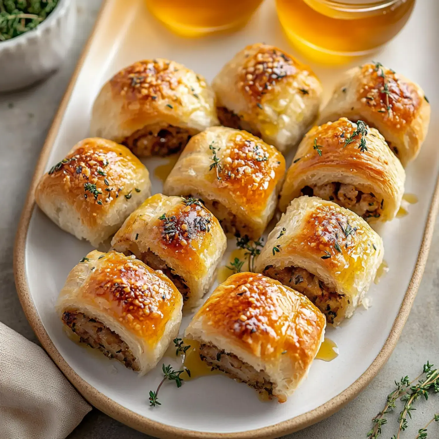 A plate of golden-brown pastry rolls filled with a savory mixture, garnished with herbs and accompanied by two jars of honey.