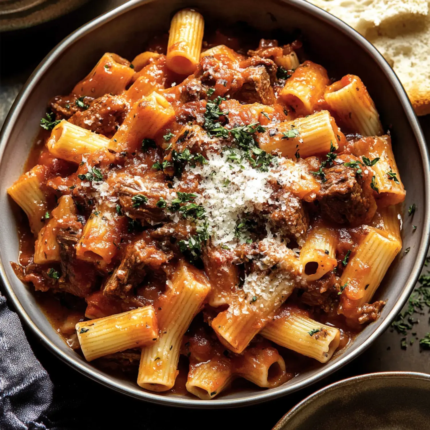 A bowl of rigatoni pasta topped with beef and tomato sauce, garnished with parsley and grated cheese, served alongside a piece of bread.