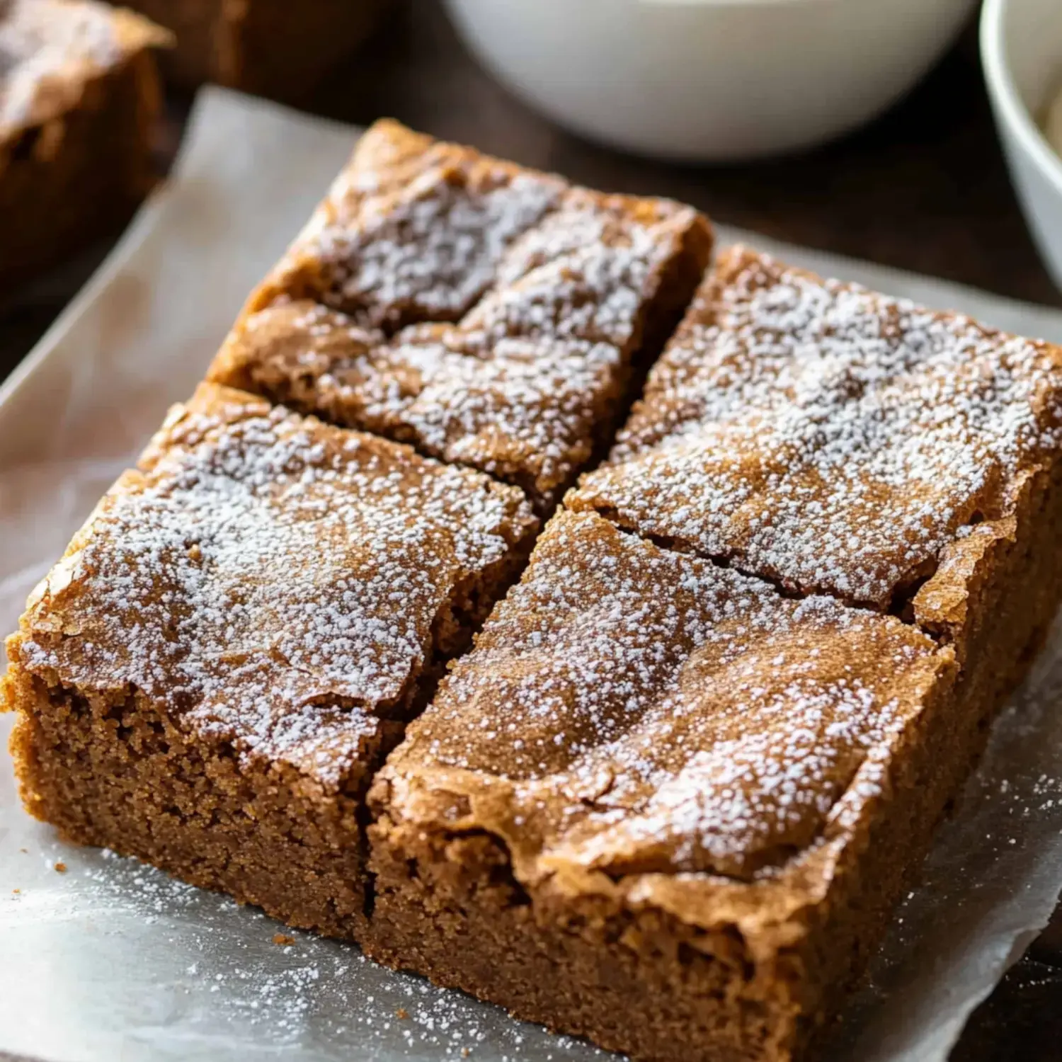 A close-up of a square cake topped with powdered sugar, cut into four pieces and placed on parchment paper.