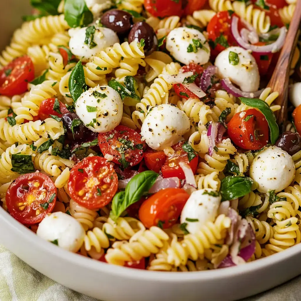 A close-up of a colorful pasta salad with rotini, cherry tomatoes, mozzarella balls, olives, fresh basil, and herbs in a large bowl.