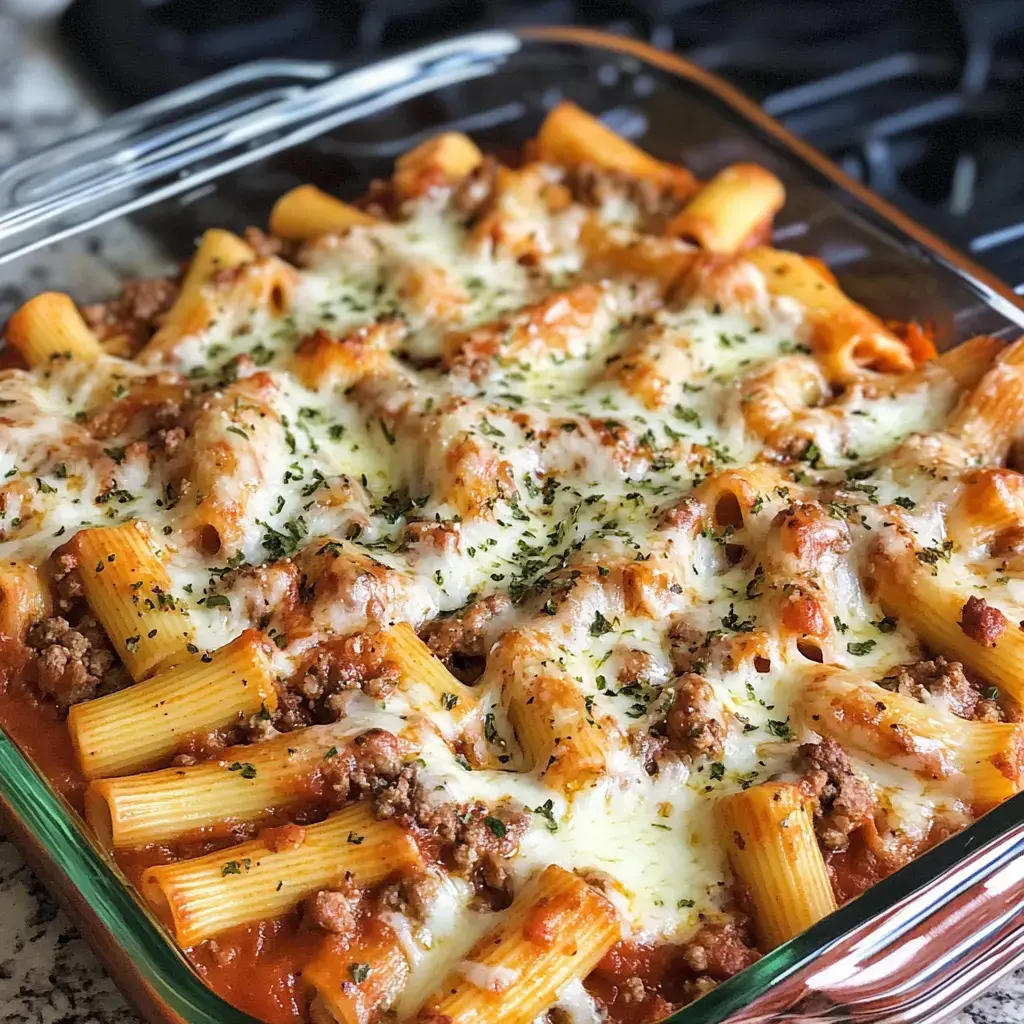 A close-up view of a baked pasta dish with rigatoni, ground meat, marinara sauce, and melted cheese, garnished with herbs in a glass baking dish.