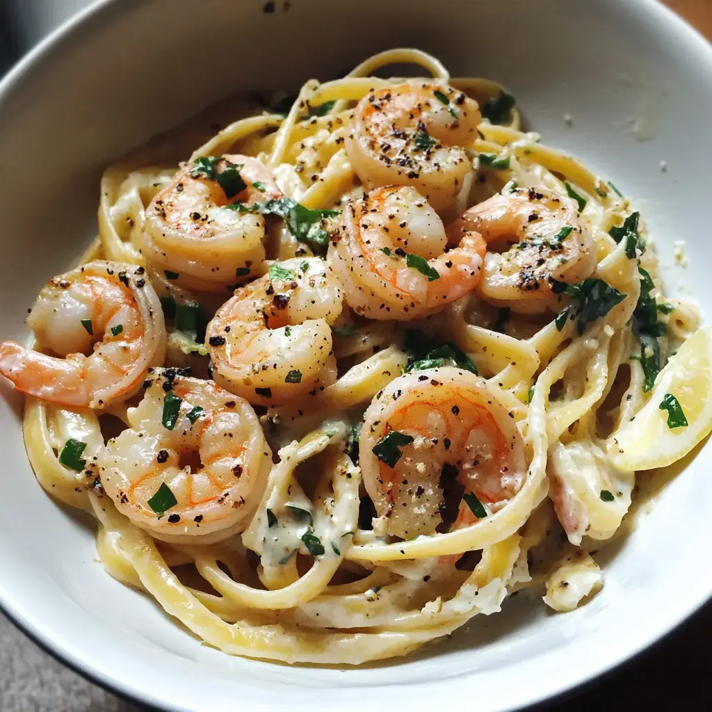 A bowl of linguine pasta topped with shrimp, chopped parsley, and black pepper.