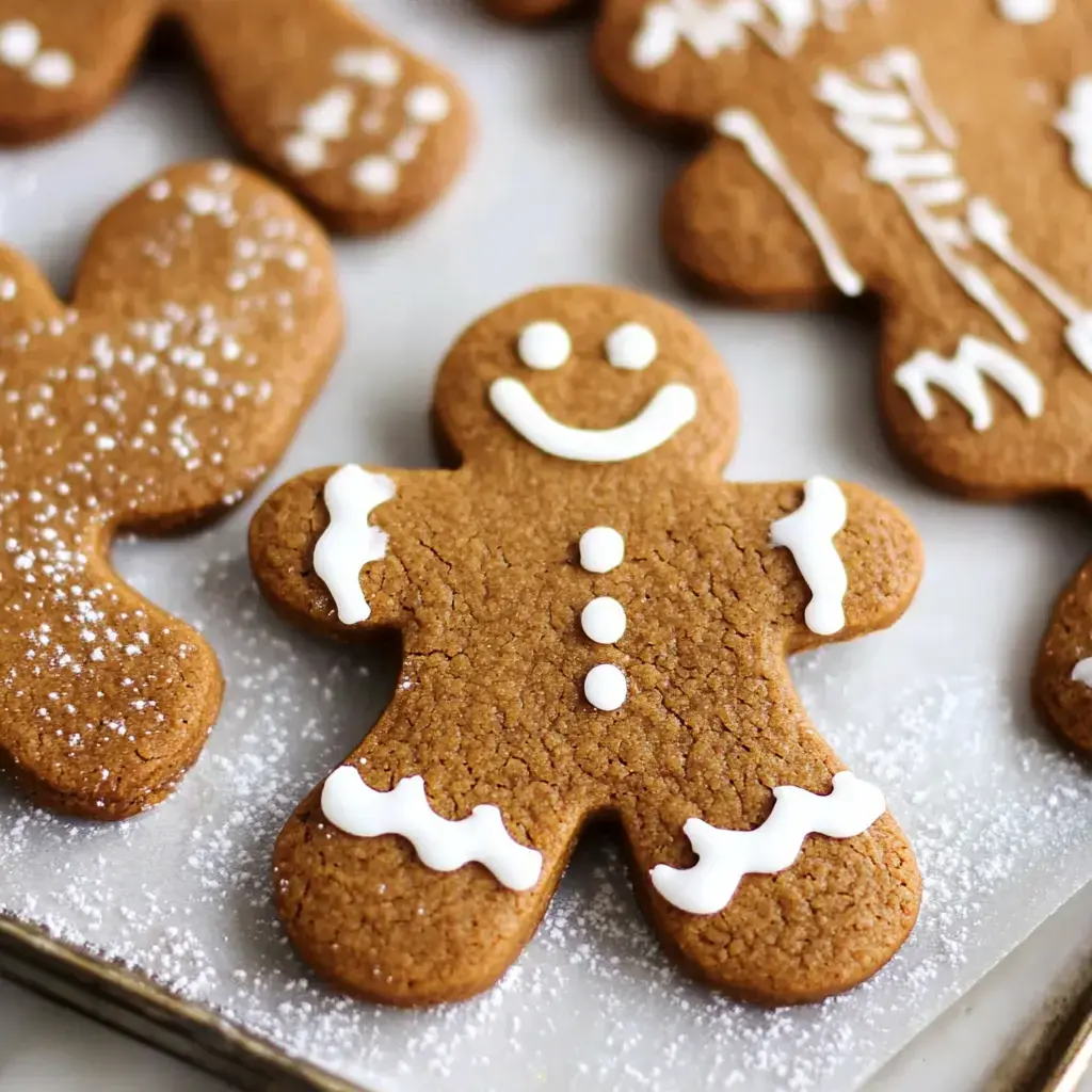 A close-up of decorated gingerbread cookies in the shape of gingerbread men, featuring white icing details and powdered sugar.