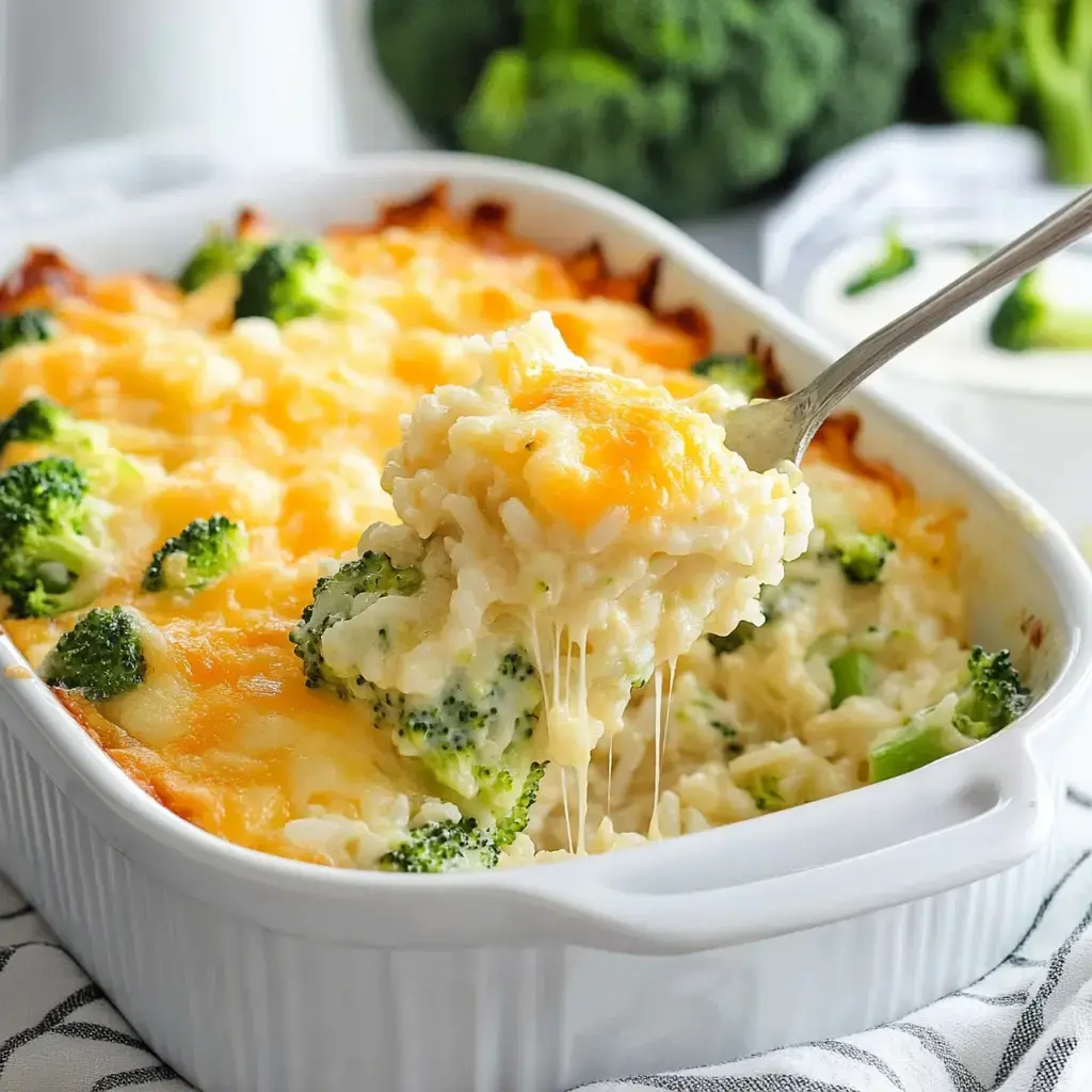 A creamy, cheesy broccoli and rice casserole is being served from a white dish, with melted cheese pulling away from the scoop.