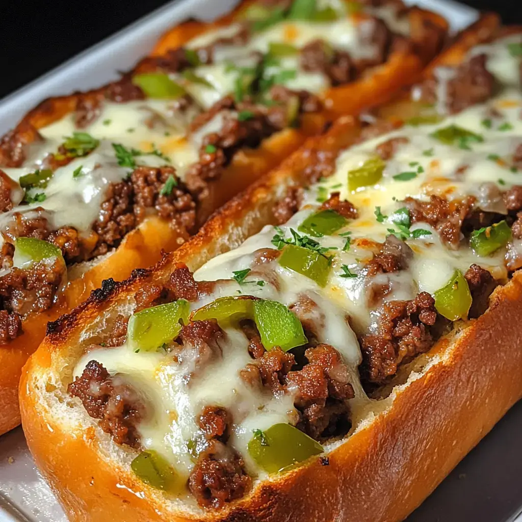 Three toasted bread rolls filled with seasoned ground beef, melted cheese, and chopped green peppers, garnished with parsley.