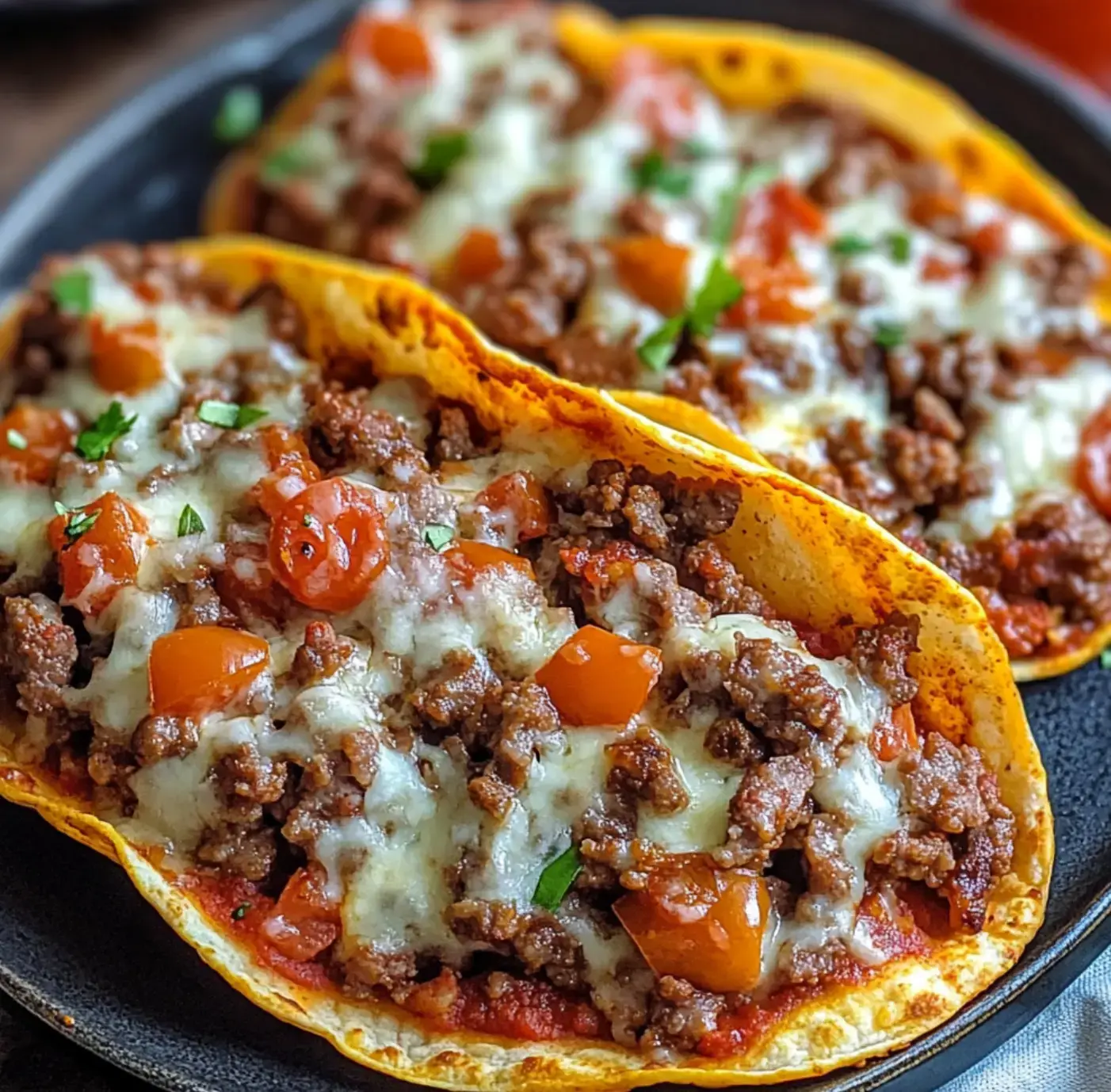 Two taco shells filled with seasoned ground beef, diced tomatoes, melted cheese, and garnished with parsley, served on a black plate.