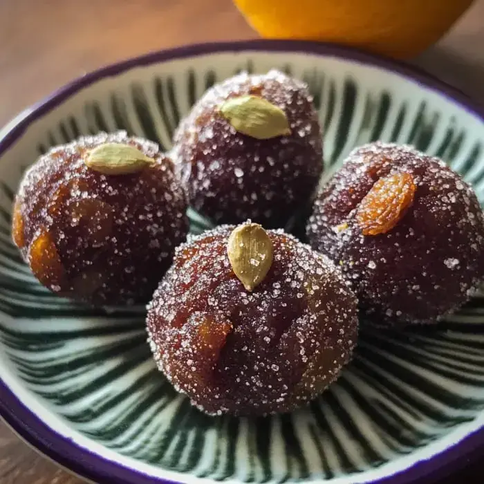 A plate of four round, sugar-coated sweets garnished with cardamom pods and pieces of dried fruit, with an orange in the background.