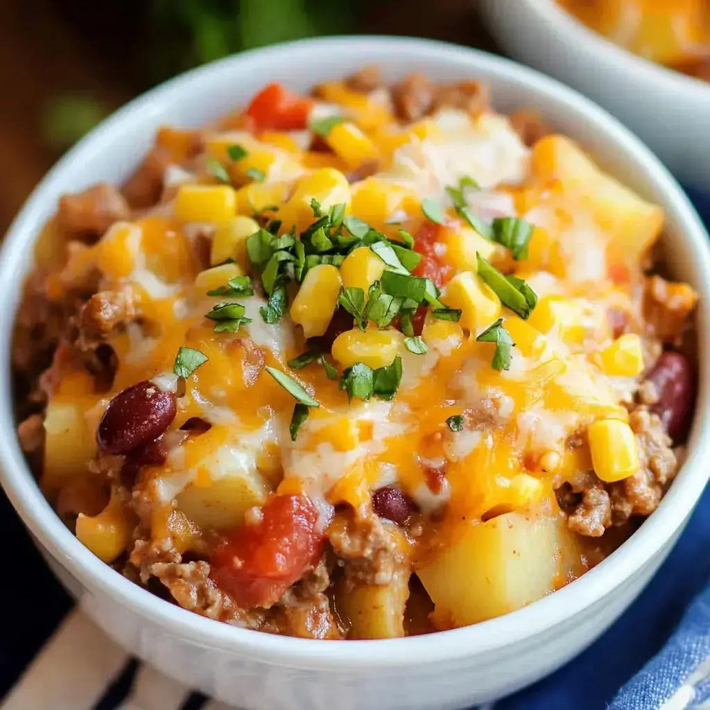 A bowl of hearty chili topped with shredded cheese, corn, and fresh herbs.