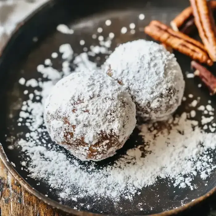 Two powdered sugar-coated chocolate balls are placed on a dark plate, accompanied by cinnamon sticks and surrounded by a dusting of powdered sugar.