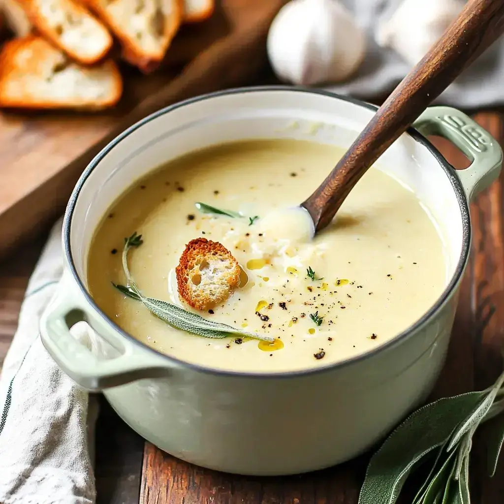 A bowl of creamy soup garnished with herbs and a piece of toasted bread, accompanied by garlic and additional bread slices in the background.