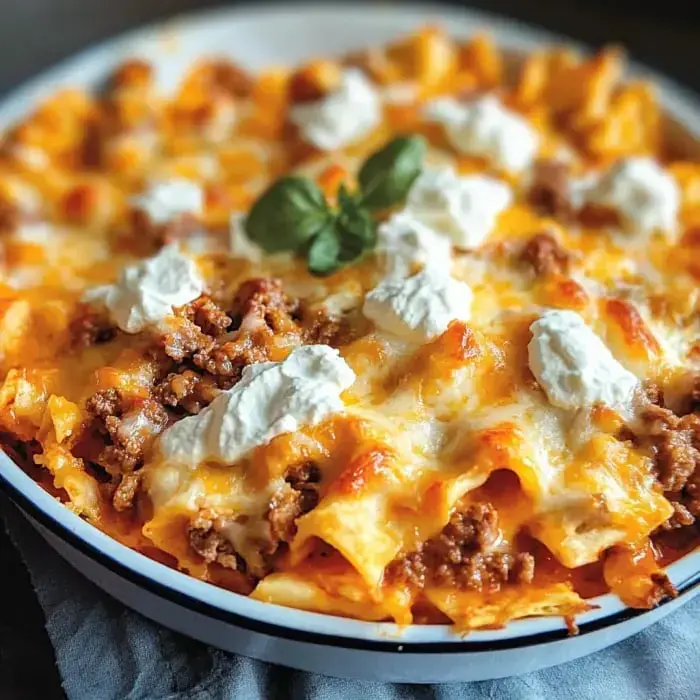 A close-up view of a casserole dish filled with pasta, ground meat, and cheese, topped with dollops of sour cream and garnished with a sprig of green herb.