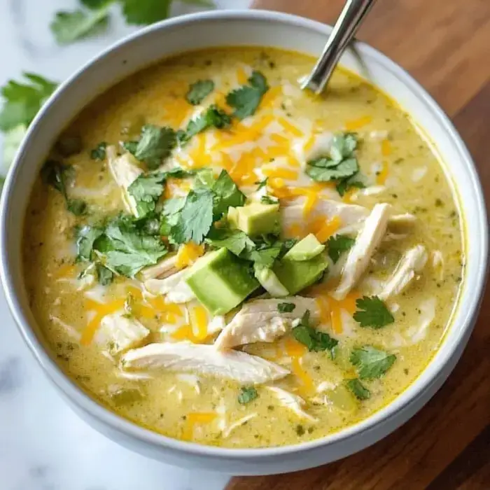 A bowl of creamy chicken soup topped with shredded chicken, diced avocado, shredded cheese, and fresh cilantro.