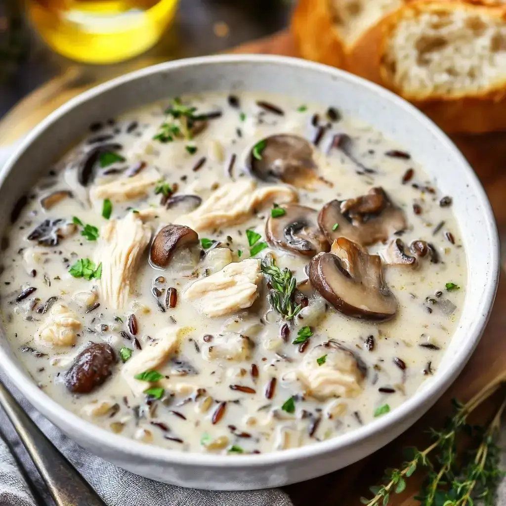 A creamy chicken and wild rice soup with mushrooms and herbs served in a bowl, accompanied by a piece of bread.