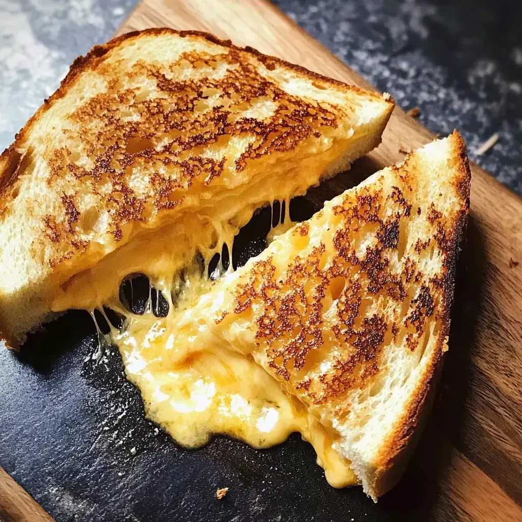 A perfectly toasted grilled cheese sandwich with melted cheese oozing out, placed on a wooden cutting board.