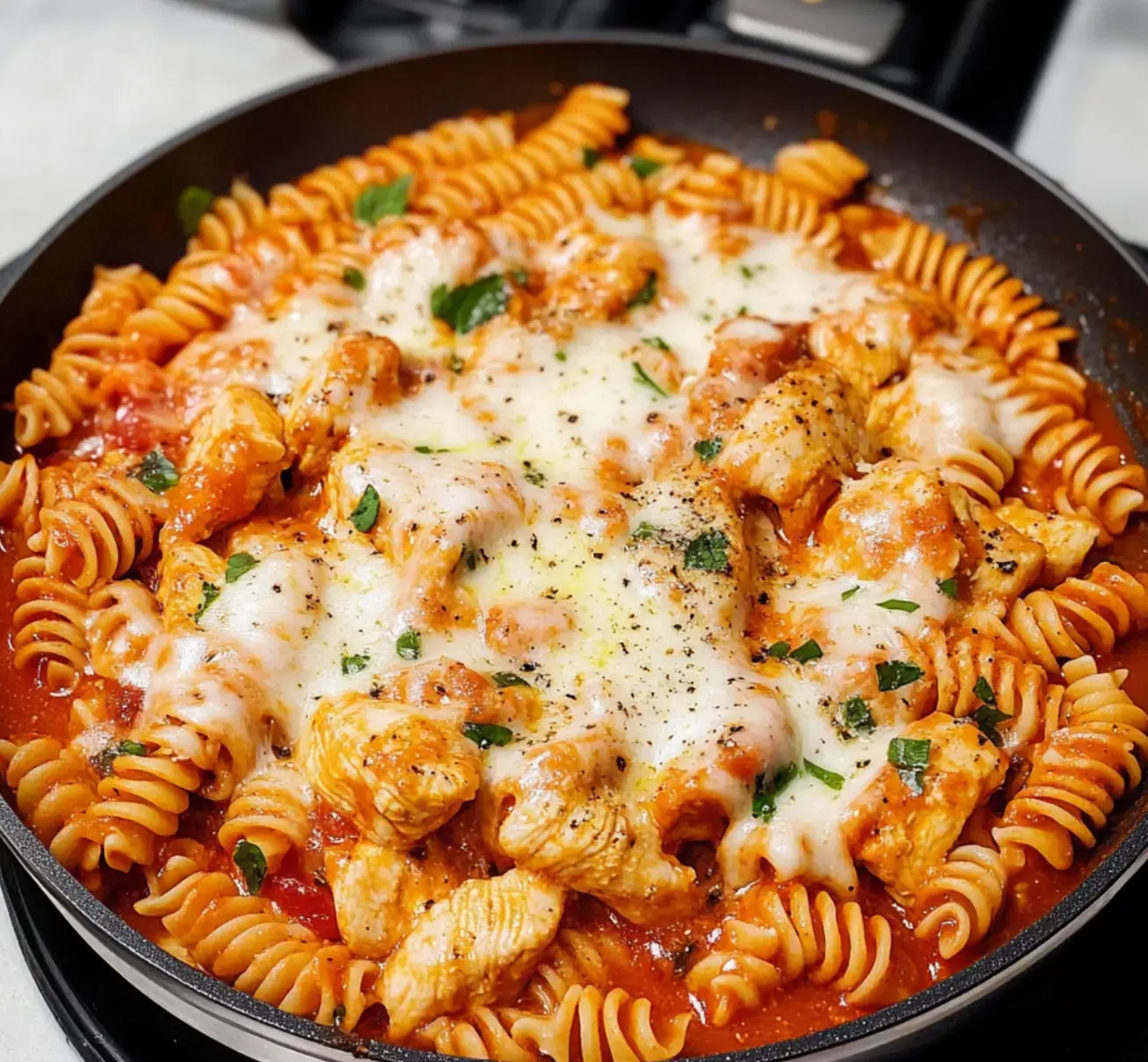 A skillet filled with rotini pasta, chicken pieces, and melted cheese in a tomato sauce, garnished with parsley.